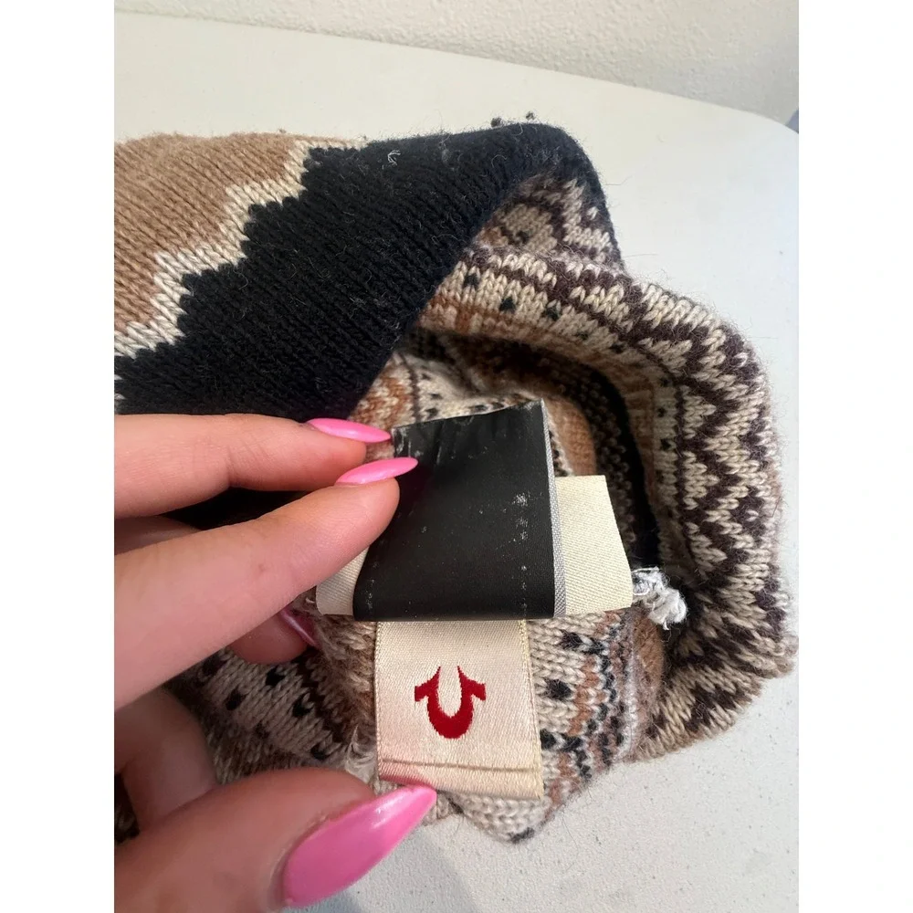 True Religion Fair Isle Knit Beanie Brown Tan Black Lambswool Cashmere Blend Hat